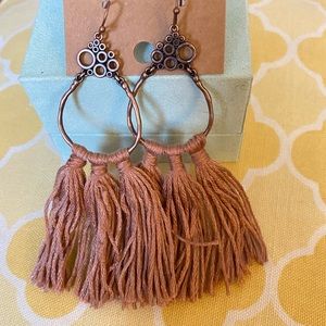 Bronze Antique Style Rose Tassel Fringe Drop Earrings NWT